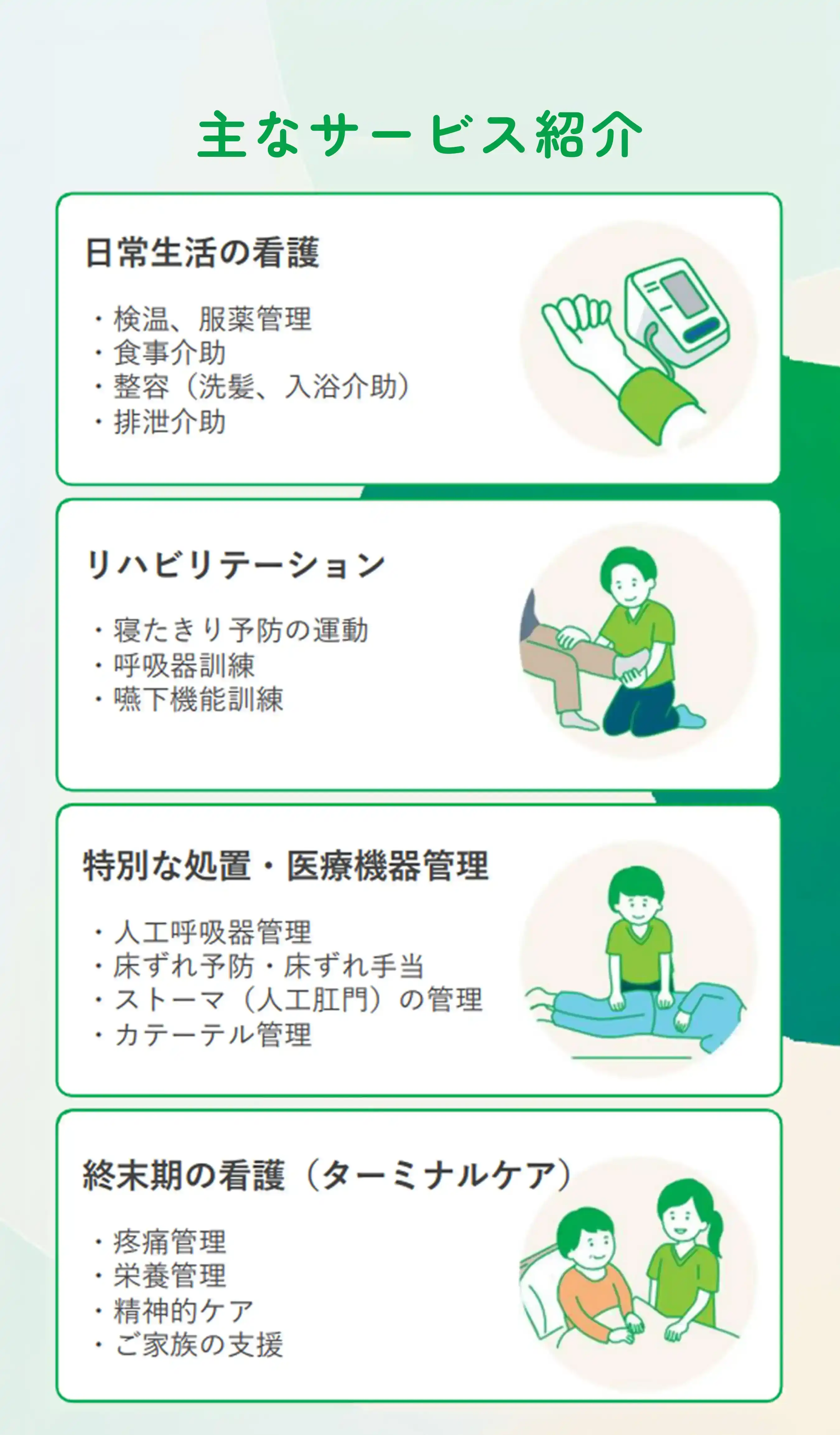 主なサービス紹介1日常生活の看護2リハビリテーション3特別な措置・医療機器管理4終末期の看護